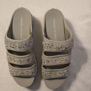 Chelsea & Violet silver rhinestone embellished studded 3 band platform sandals
